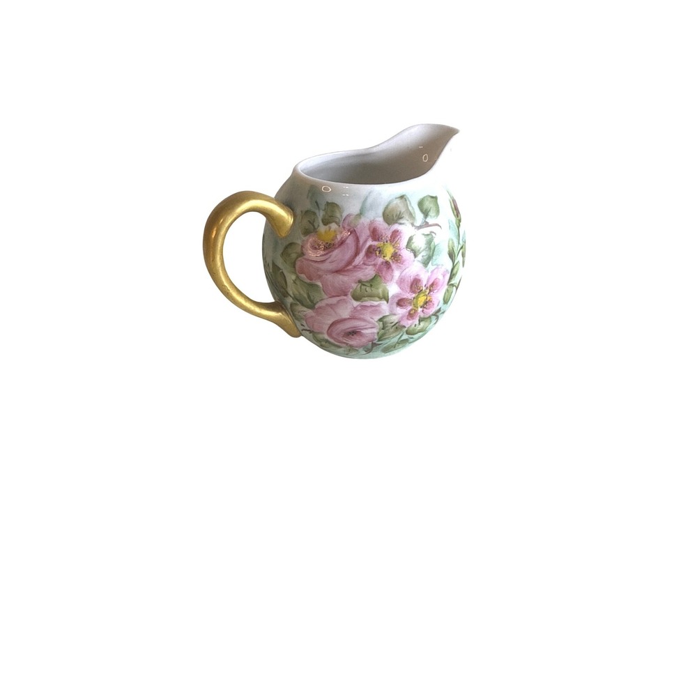 Vintage Hand Painted Floral Porcelain‎ Creamer Pink Roses Gold Handle Dainty